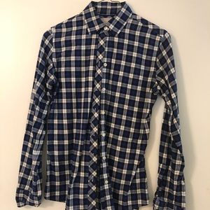 Blue black and white button down shirt
